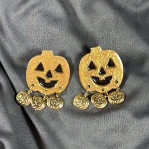 Vintage Mam' Halloween Earrings Pierced Jack O Lantern Dangle Gold Tone